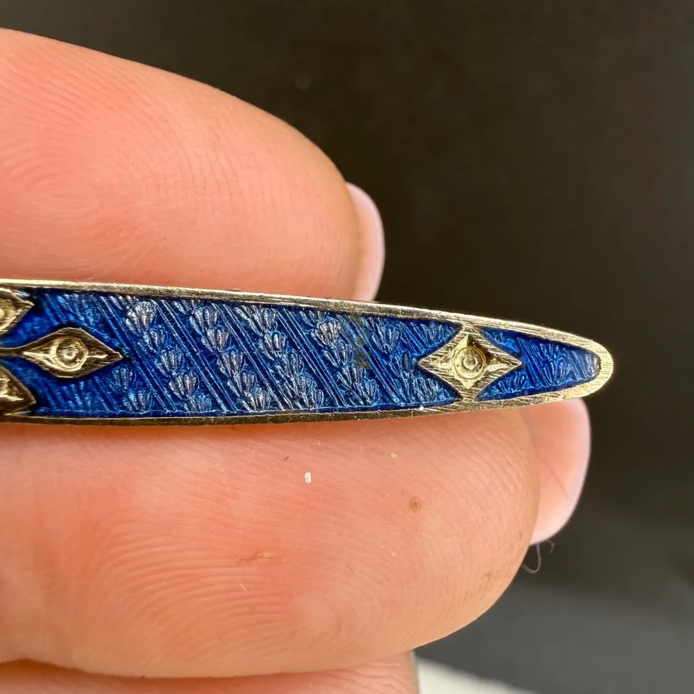 Vintage Guilloche Enamel Bar Brooch Gold Tone Blue